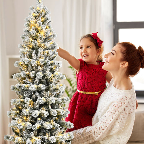 7.5 Feet Pre-Lit Snow Flocked Christmas Tree, 9 Modes Lights, White