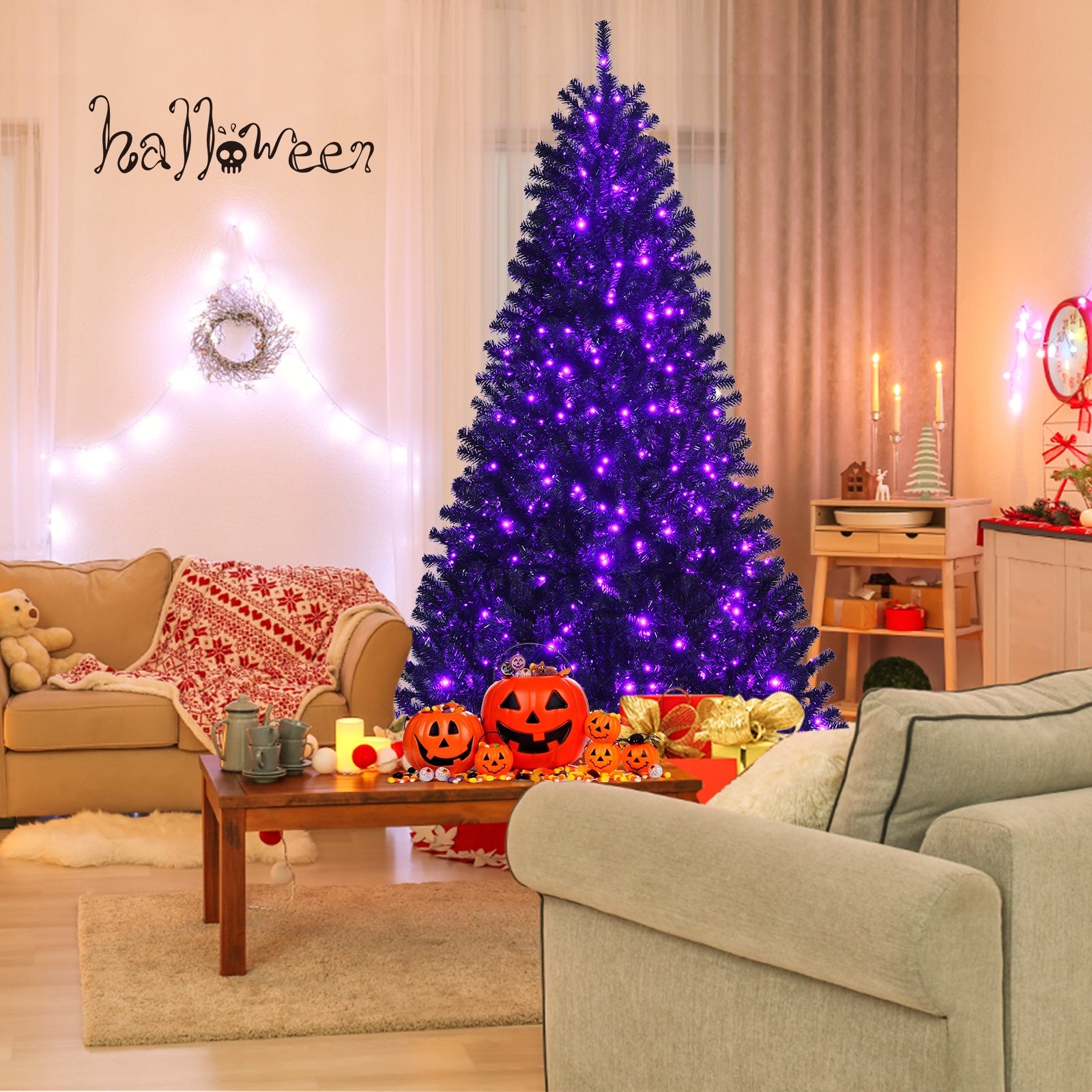 Artificial Christmas Halloween Tree, 7', Purple LED Lights, Black Halloween at Gallery Canada