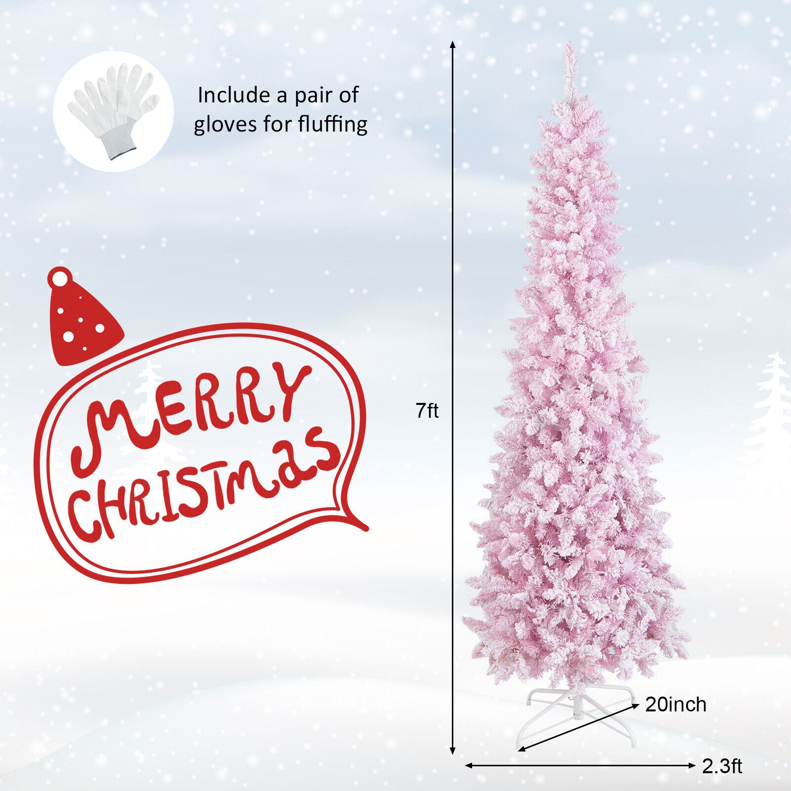 7 Feet Pre-Lit Snow Flocked Pencil Christmas Tree, 300 Lights, 8 Modes, Pink Christmas Tree at Gallery Canada