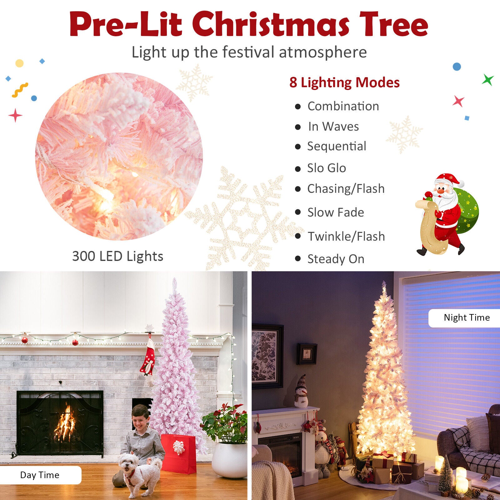 7 Feet Pre-Lit Snow Flocked Pencil Christmas Tree, 300 Lights, 8 Modes, Pink Christmas Tree at Gallery Canada