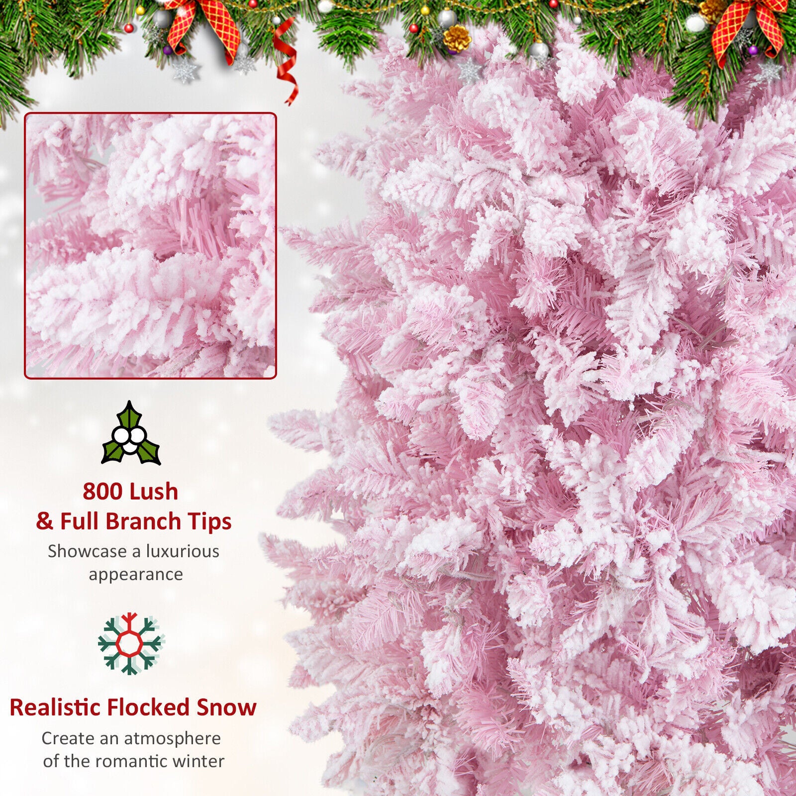 7 Feet Pre-Lit Snow Flocked Pencil Christmas Tree, 300 Lights, 8 Modes, Pink Christmas Tree at Gallery Canada