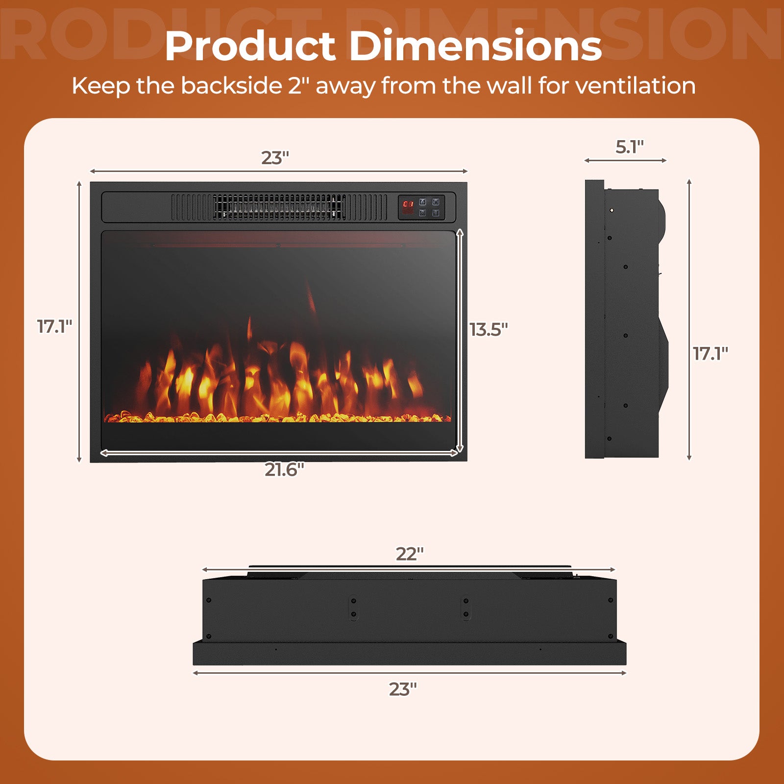 23 Inches Electric Fireplace Heater, 750W/1500W, Alter Flame Color, Black Fireplaces at Gallery Canada