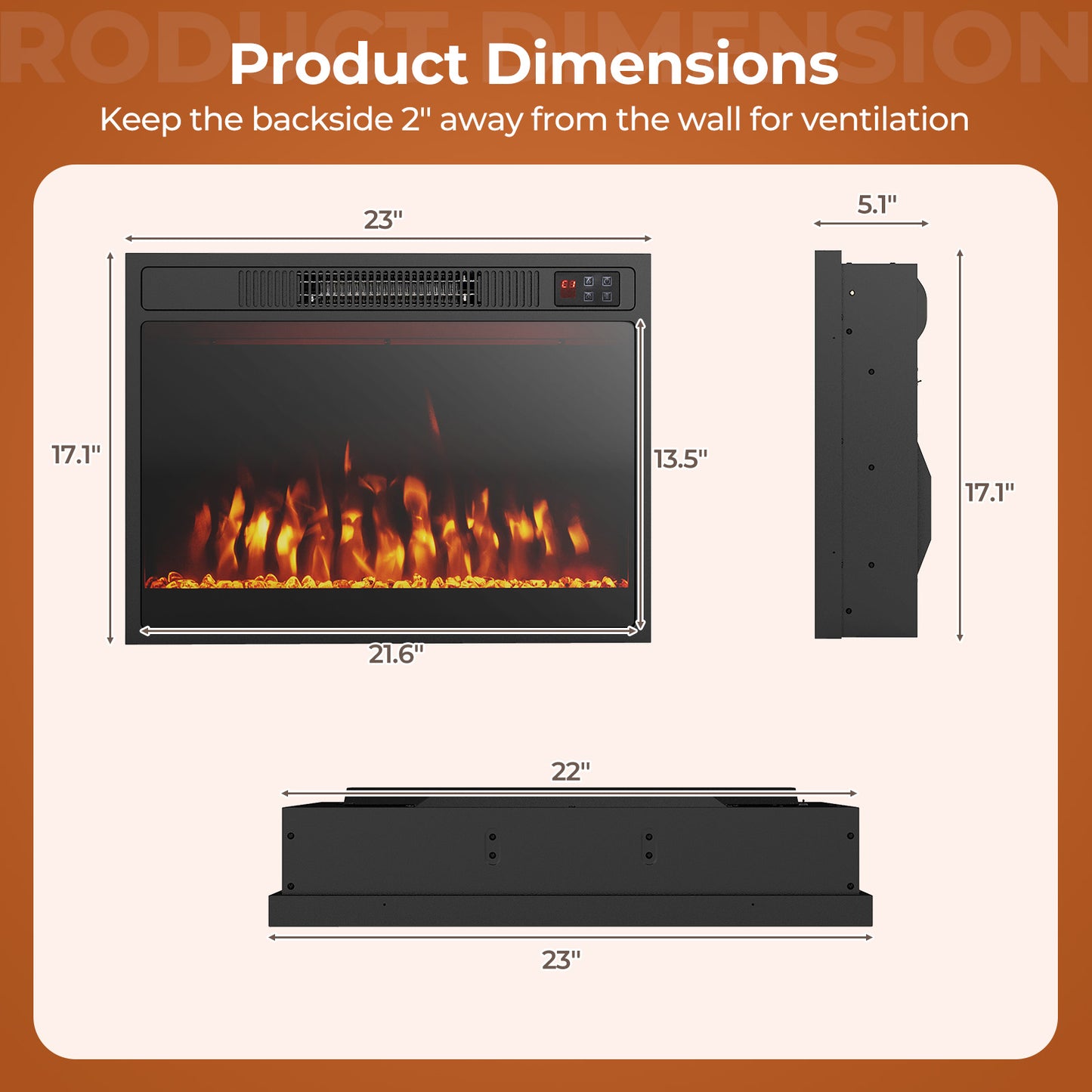 23 Inches Electric Fireplace Heater, 750W/1500W, Alter Flame Color, Black Fireplaces at Gallery Canada
