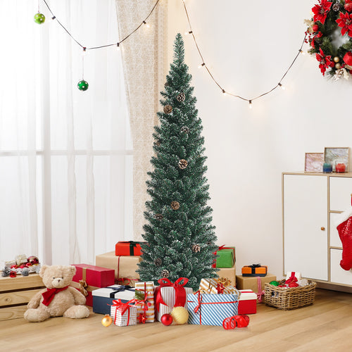 Artificial Pencil Christmas Tree With Pine Cones, 5 ft, Green