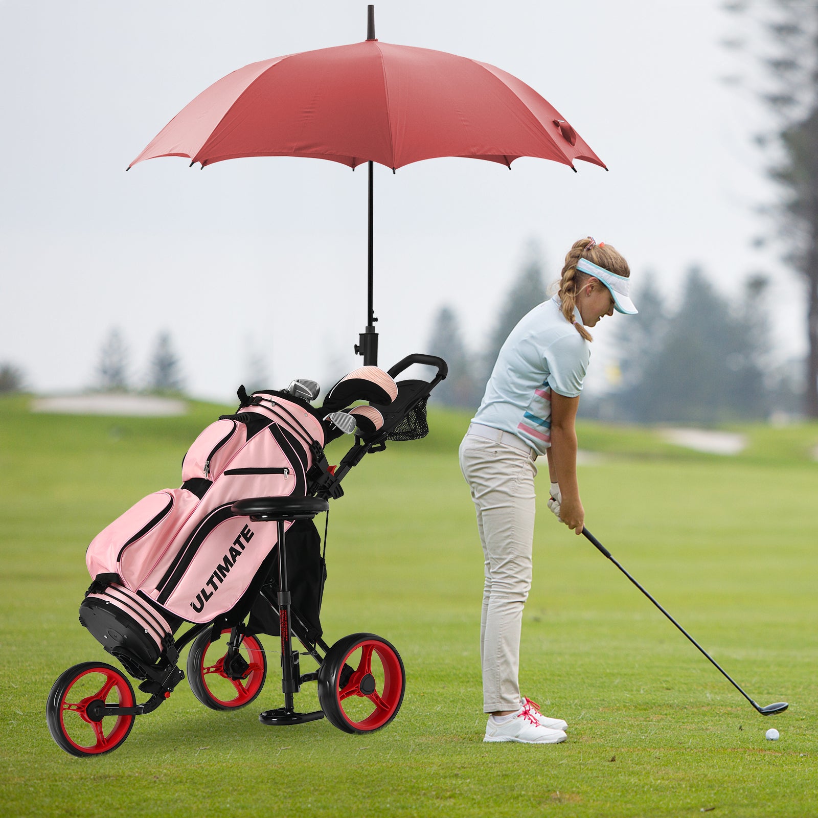 3 Wheel Folding Golf Push Cart With Seat, Scoreboard, Adjustable Handle, Red Golf at Gallery Canada