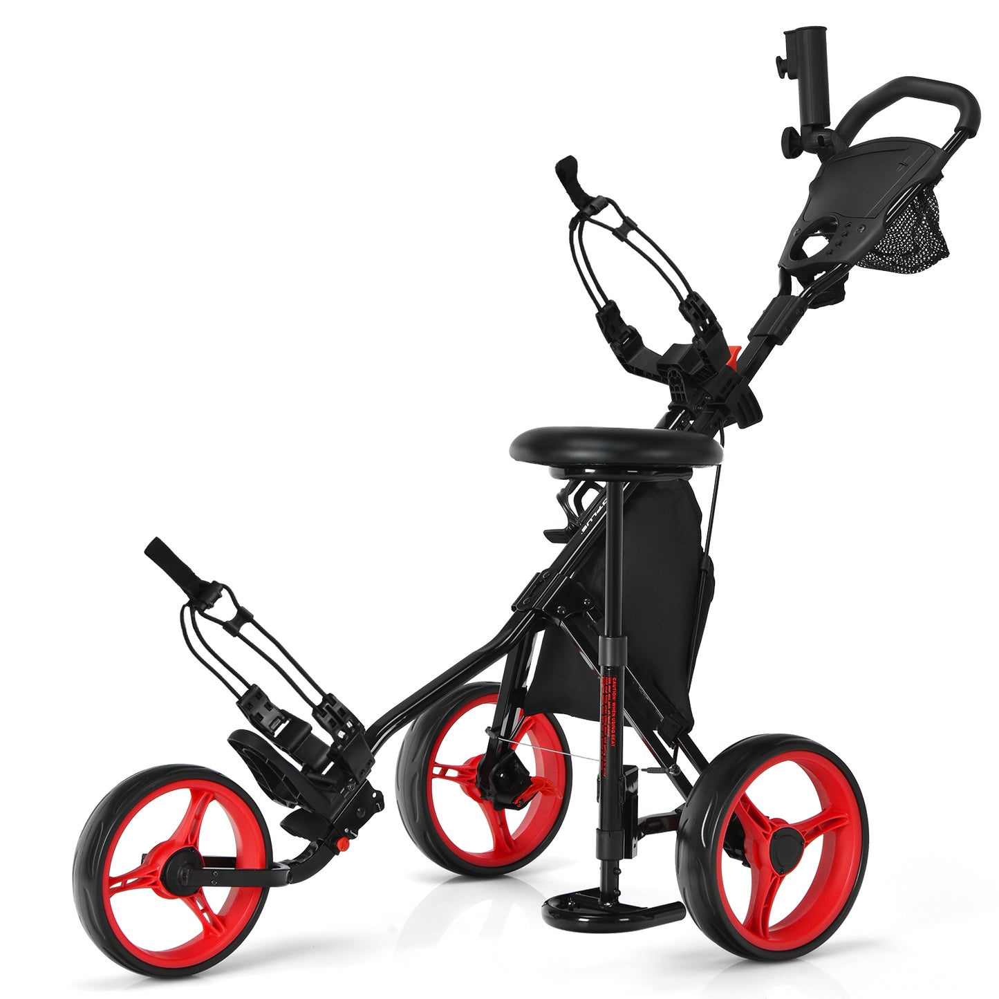 3 Wheel Folding Golf Push Cart With Seat, Scoreboard, Adjustable Handle, Red Golf at Gallery Canada