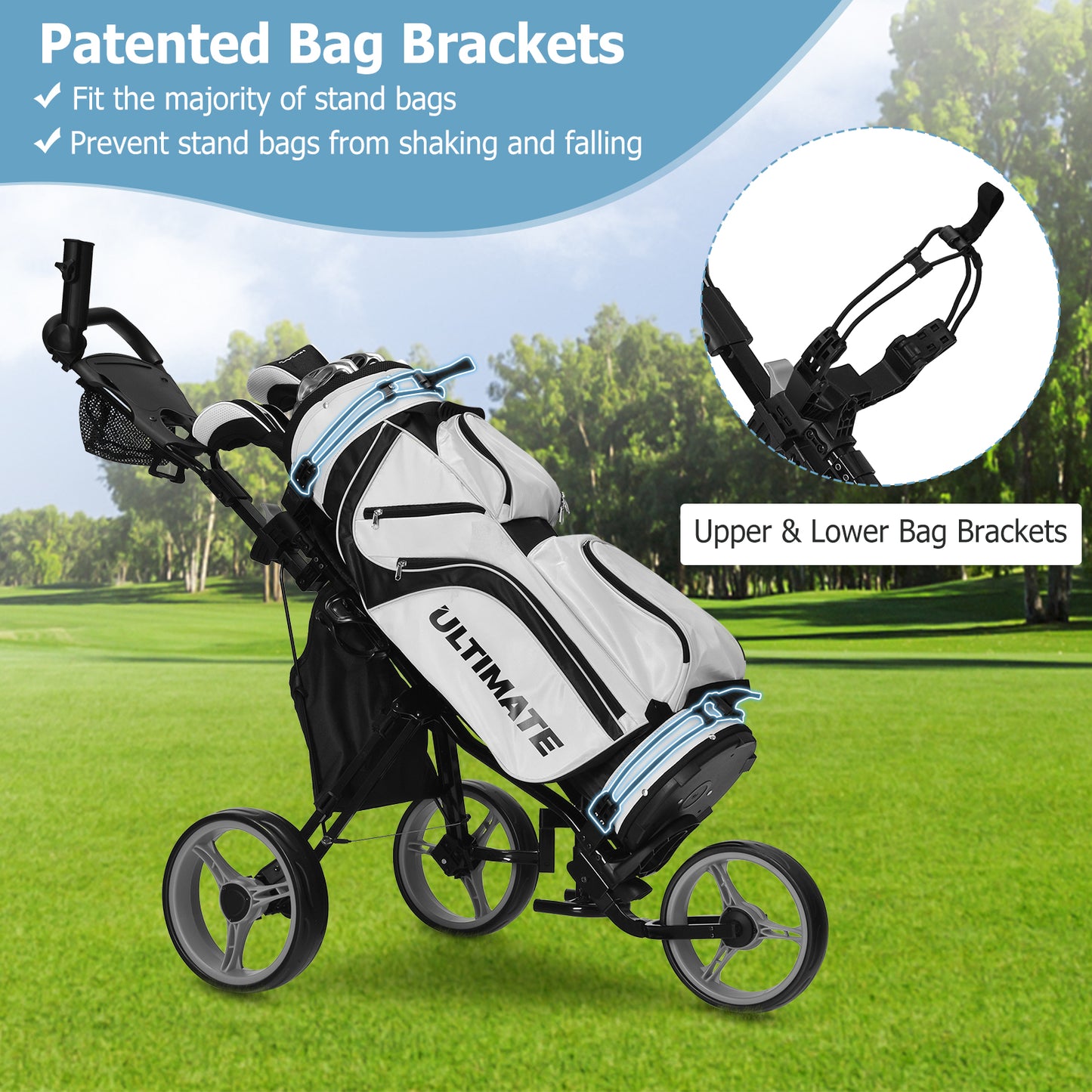 3 Wheel Folding Golf Push Cart, Adjustable Handle, Gray Golf at Gallery Canada