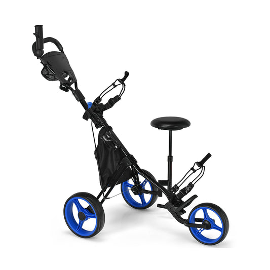 3 Wheel Folding Golf Push Cart With Seat, Scoreboard, Adjustable Handle, Blue Golf Blue at Gallery Canada