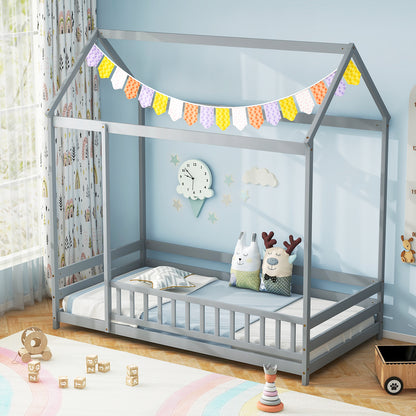 Twin Size Kids House Bed, Wooden Floor Bed, Gray Toddler Beds at Gallery Canada