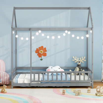 Twin Size Kids House Bed, Wooden Floor Bed, Gray Toddler Beds at Gallery Canada