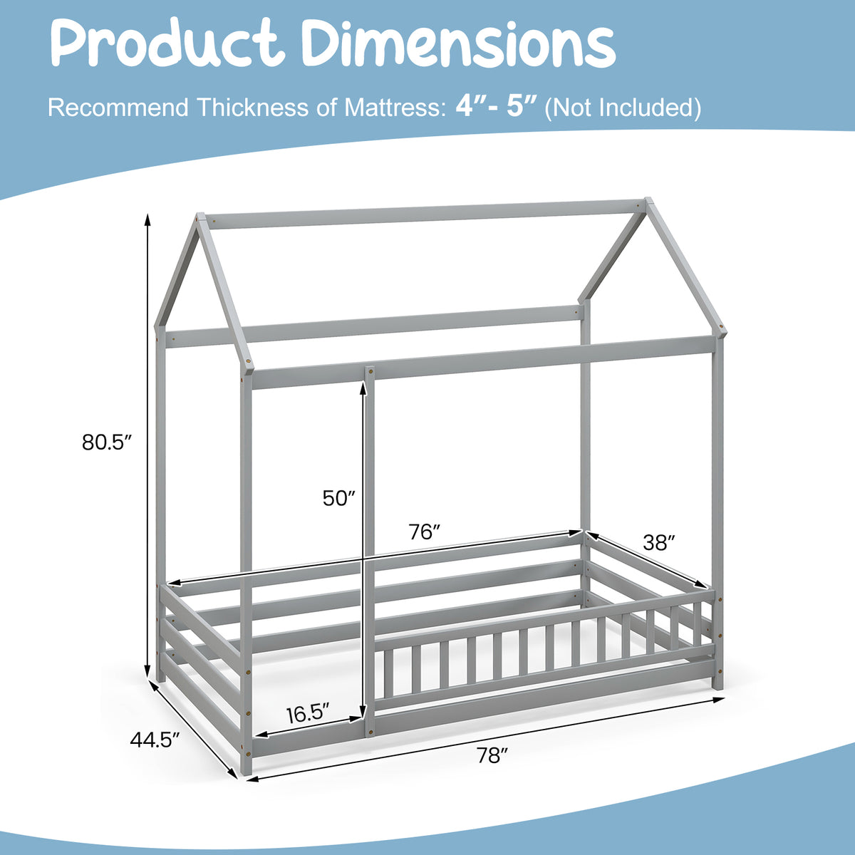 Twin Size Kids House Bed, Wooden Floor Bed, Gray Toddler Beds at Gallery Canada