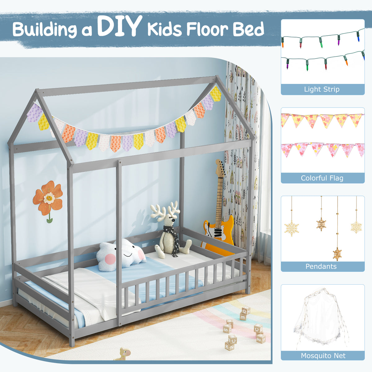 Twin Size Kids House Bed, Wooden Floor Bed, Gray Toddler Beds at Gallery Canada