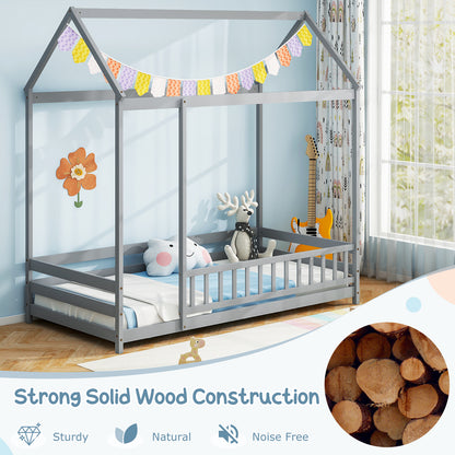 Twin Size Kids House Bed, Wooden Floor Bed, Gray Toddler Beds at Gallery Canada