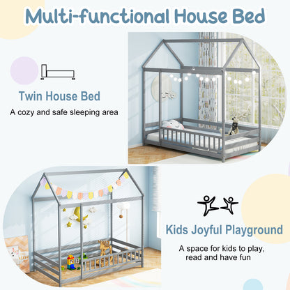 Twin Size Kids House Bed, Wooden Floor Bed, Gray Toddler Beds at Gallery Canada