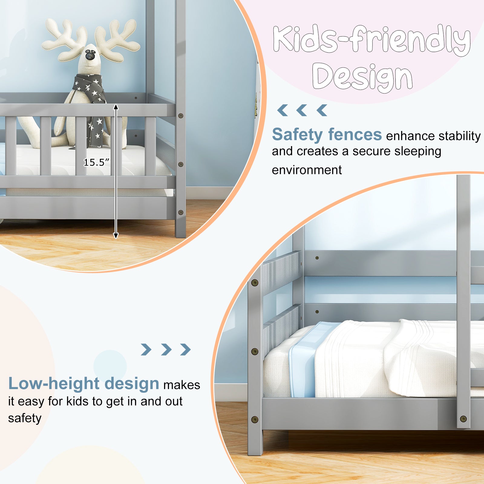 Twin Size Kids House Bed, Wooden Floor Bed, Gray Toddler Beds at Gallery Canada