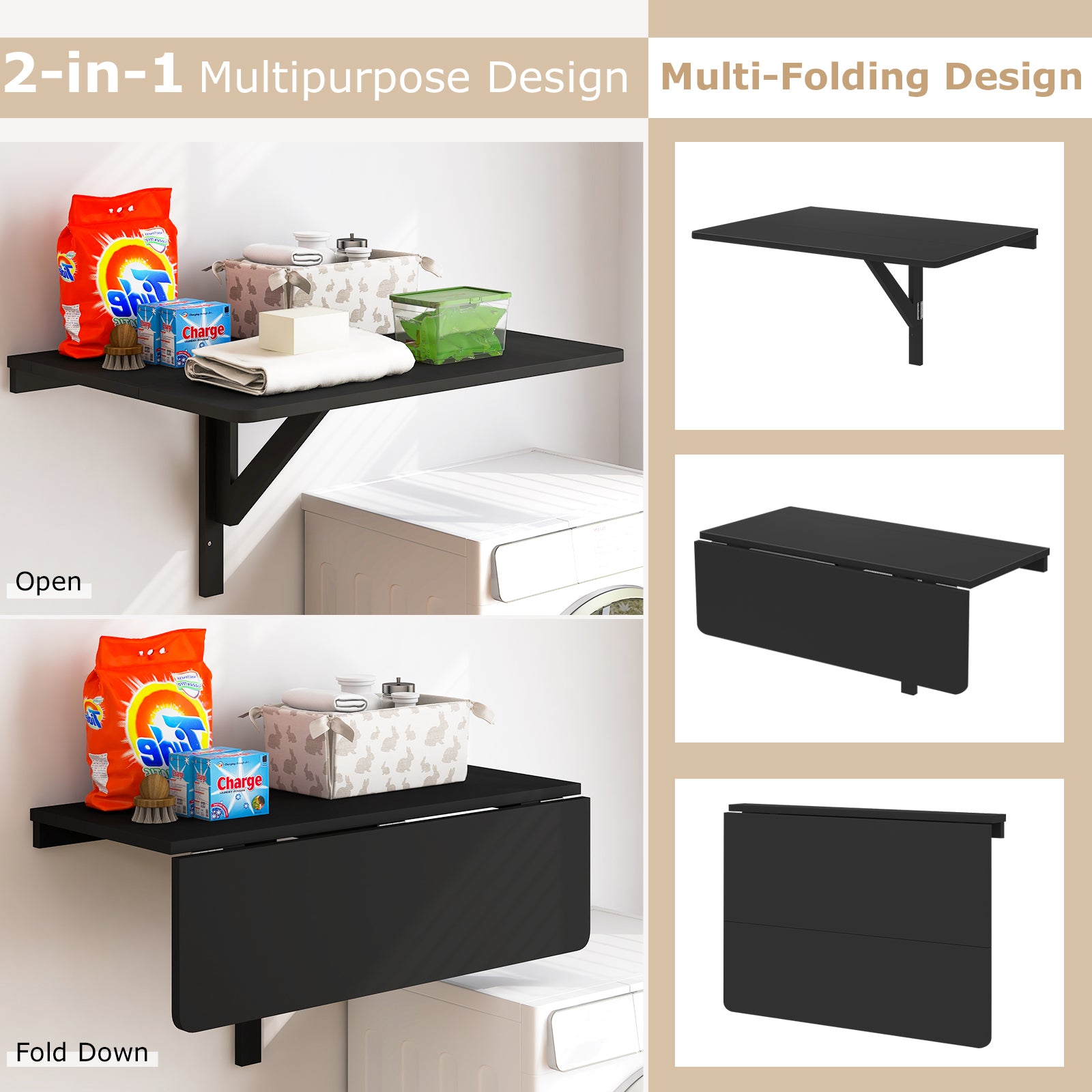 Folding Wall-Mounted Drop-Leaf Table, Black Laptop Tables & Printer Stands at Gallery Canada