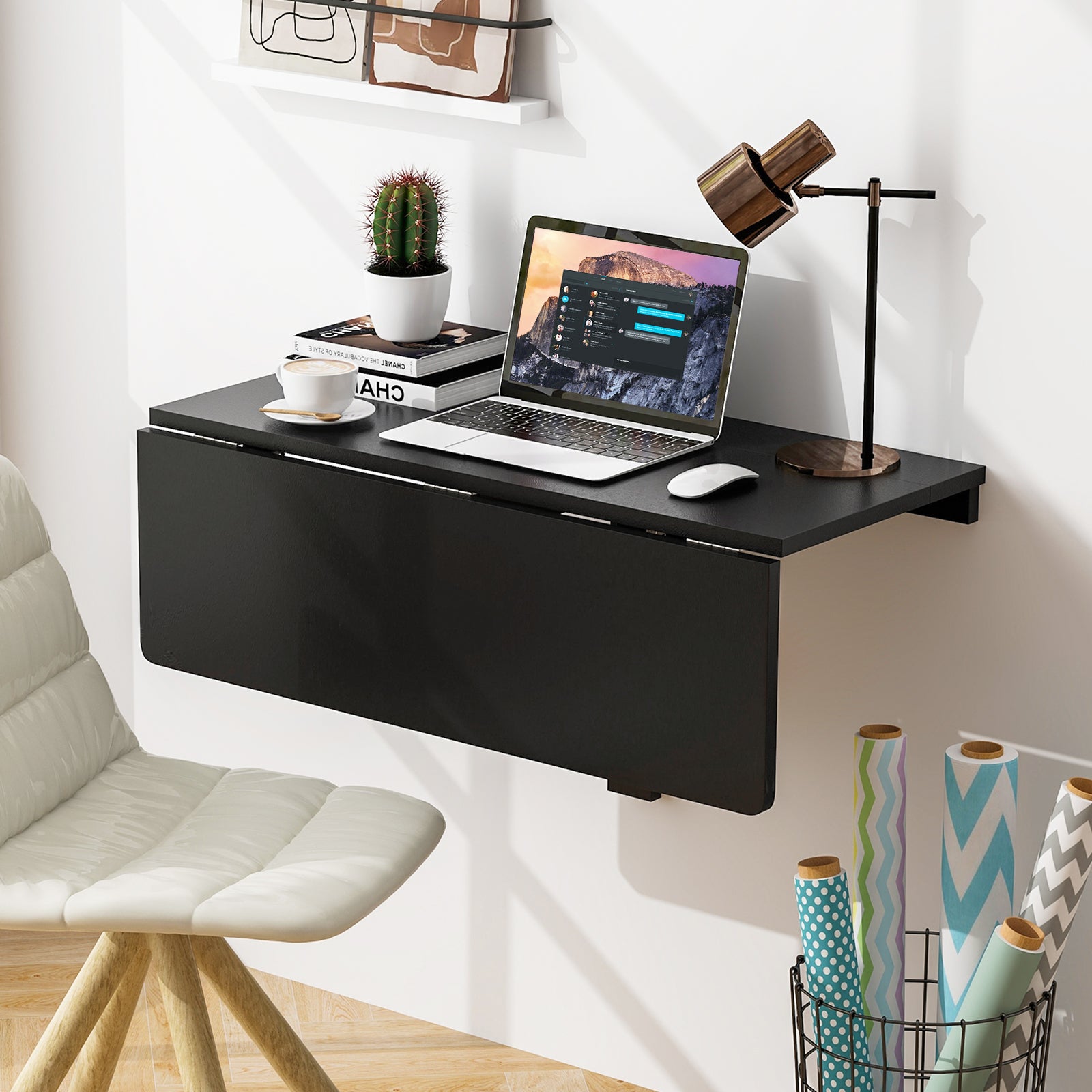 Folding Wall-Mounted Drop-Leaf Table, Black Laptop Tables & Printer Stands at Gallery Canada