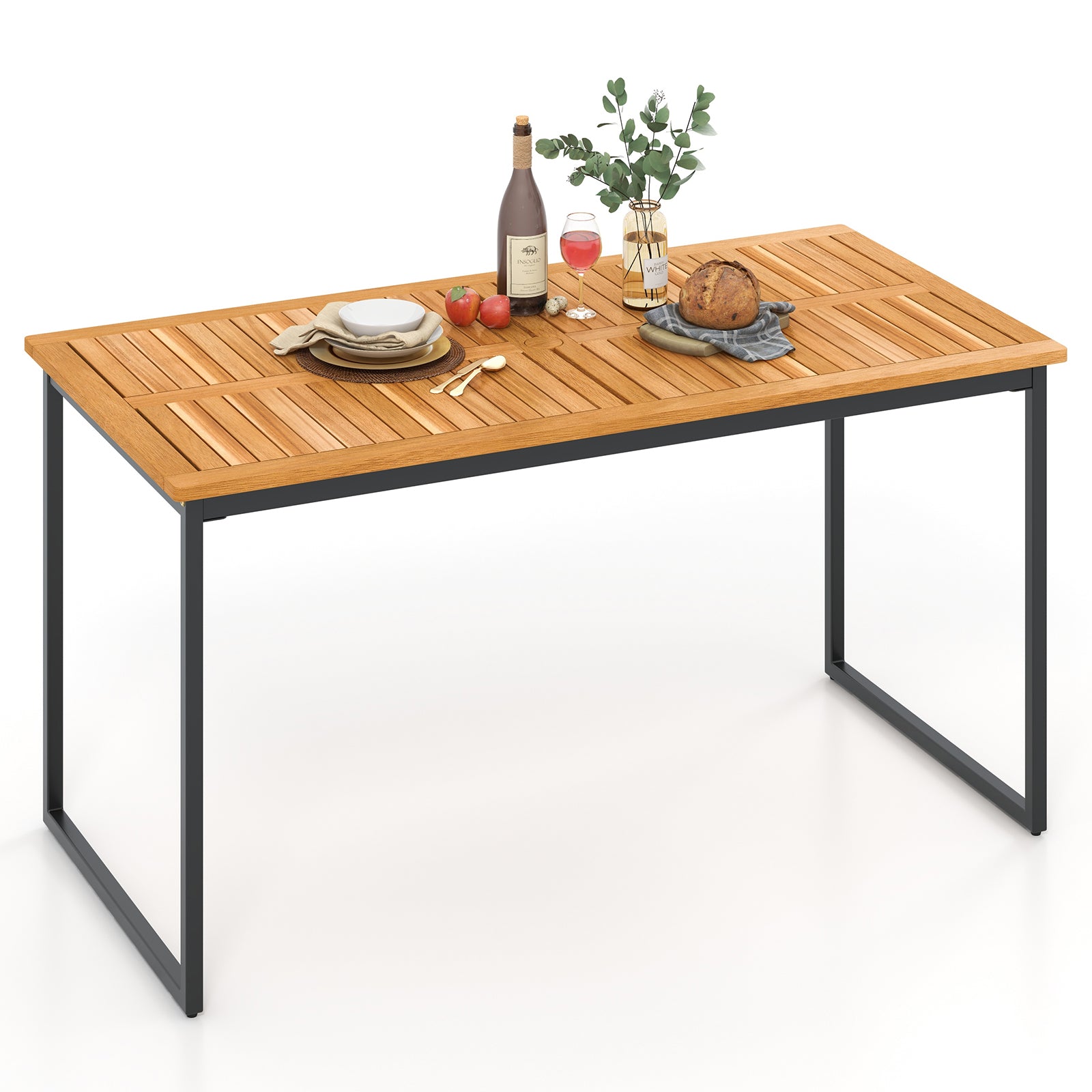Acacia Wood Dining Table For 6, Slatted Tabletop, Umbrella Hole, Natural Dining Tables at Gallery Canada