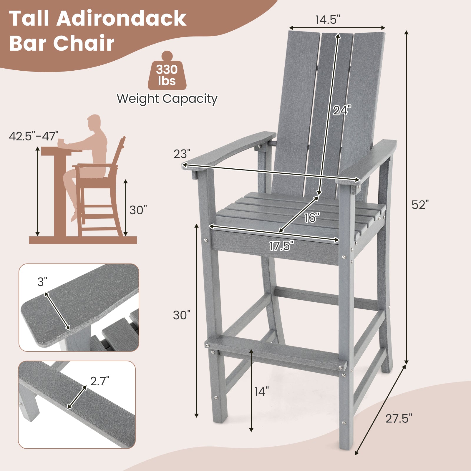 Tall Adirondack Chair Outdoor Bar Stool, Ergonomic Backrest, Gray Adirondack Chairs at Gallery Canada