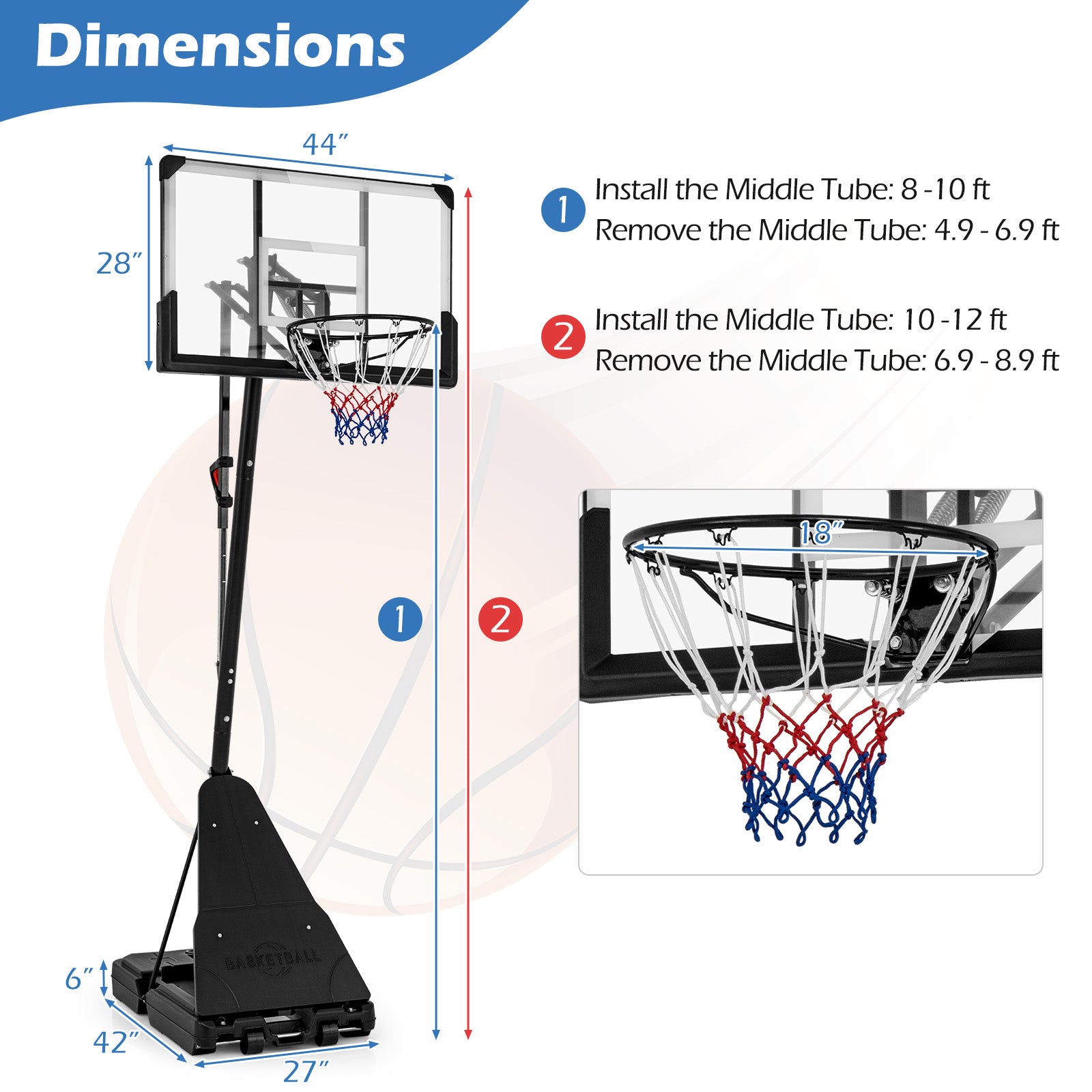 Height Adjustable Portable Basketball Hoop, 4.9-10 Feet Sport Equipments at Gallery Canada