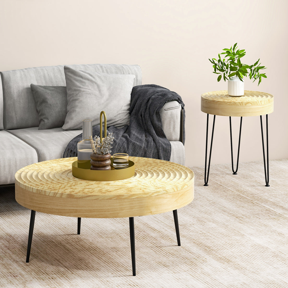 Set Of 2 Solid Wood Farmhouse Round Coffee Tables, Natural Coffee Tables at Gallery Canada