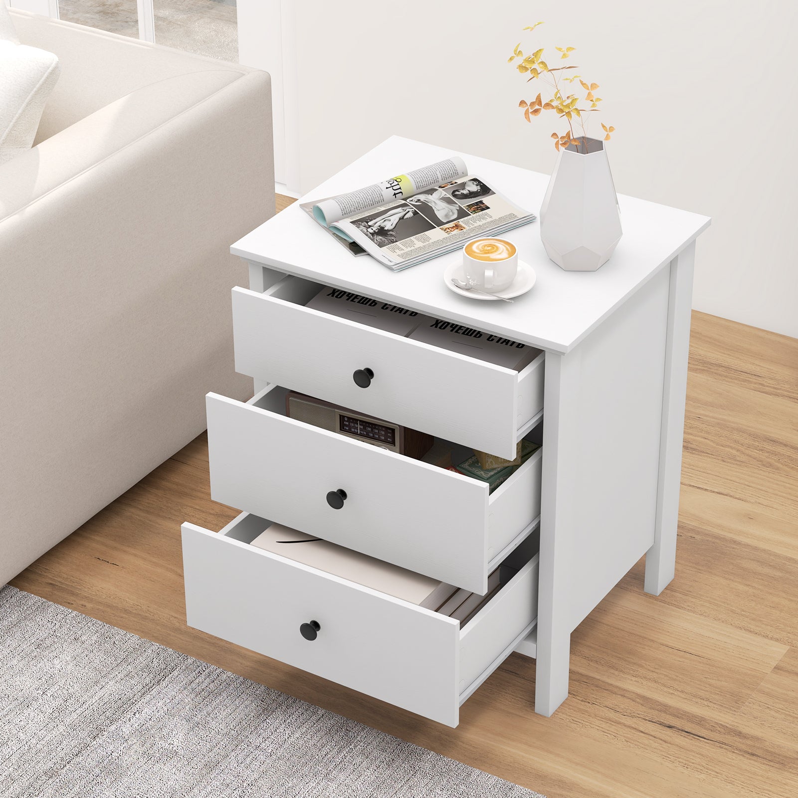 3-Drawer Wooden Nightstand, Modern Bedside Table, White Nightstands at Gallery Canada