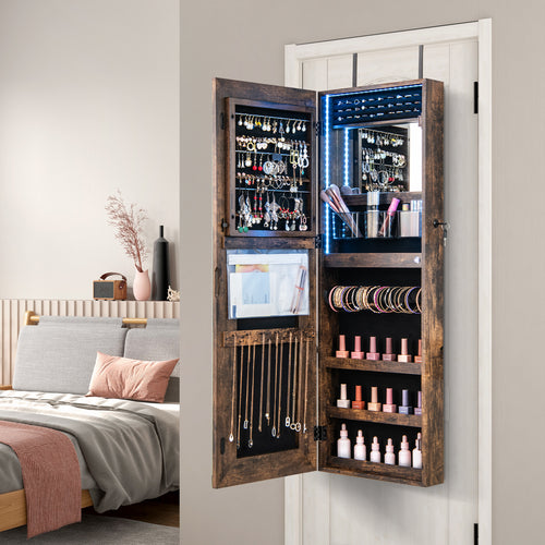 42.5 Inches Jewelry Mirror Wall Cabinet, 3-Color LED Lights, Rustic Brown