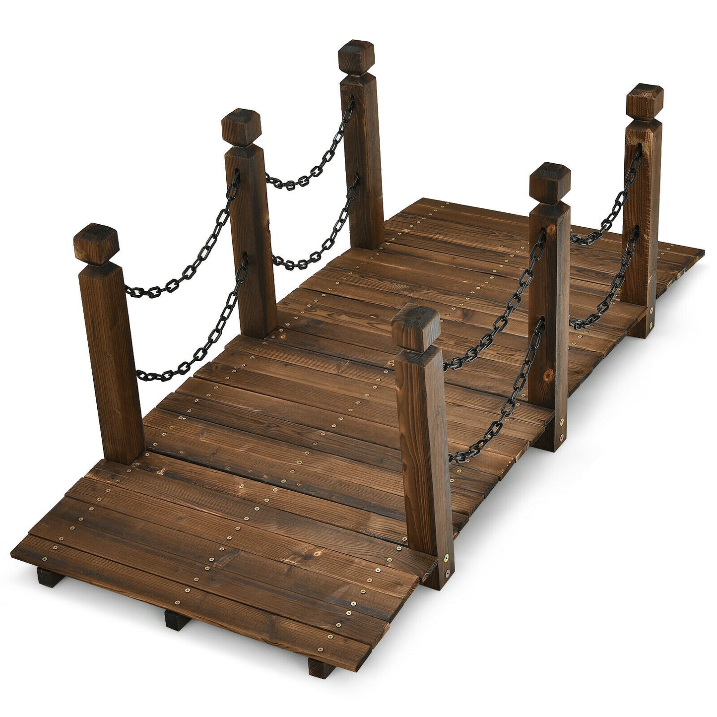5 Feet Wooden Garden Bridge, Arc Footbridge, Stained Finish, Brown Outdoor Decor at Gallery Canada