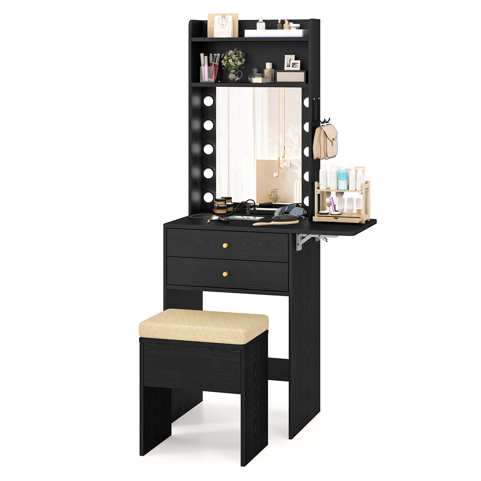 Compact Vanity Desk Set, 3-Color Lighted Mirror, Power Outlets, Black Makeup Vanities at Gallery Canada