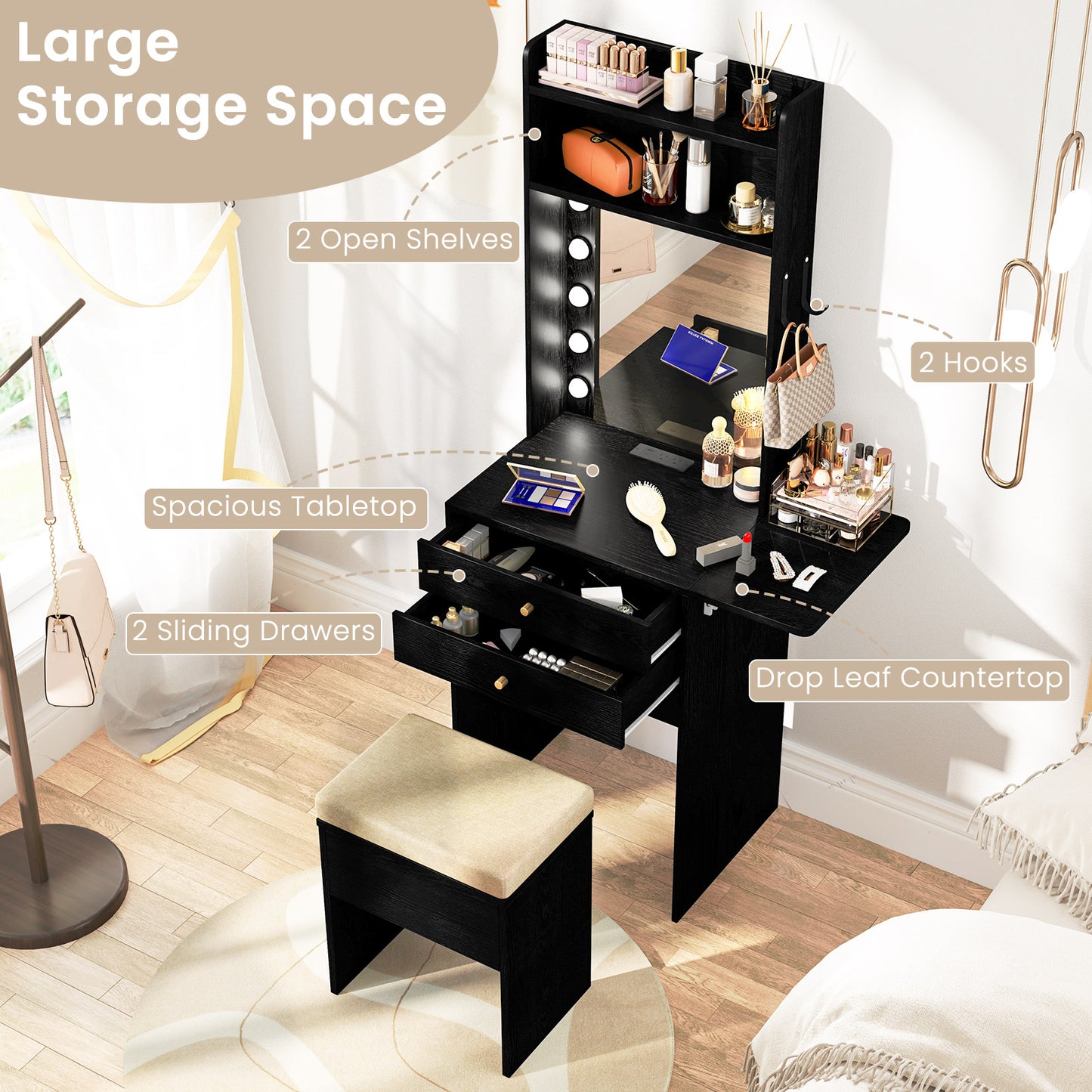 Compact Vanity Desk Set, 3-Color Lighted Mirror, Power Outlets, Black Makeup Vanities at Gallery Canada