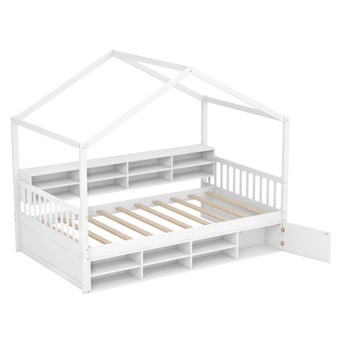 Twin Size House Bed With Roof, 14 Storage Cubes, Enclosed Cabinet, White Trundle Bed Frame at Gallery Canada