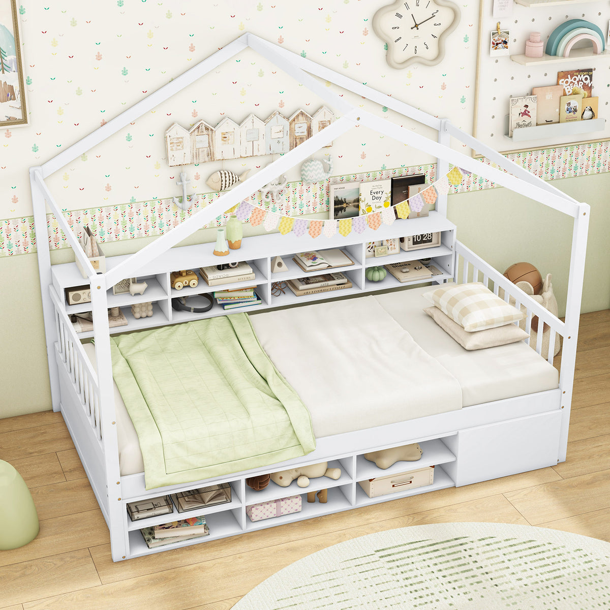 Twin Size House Bed With Roof, 14 Storage Cubes, Enclosed Cabinet, White Trundle Bed Frame at Gallery Canada