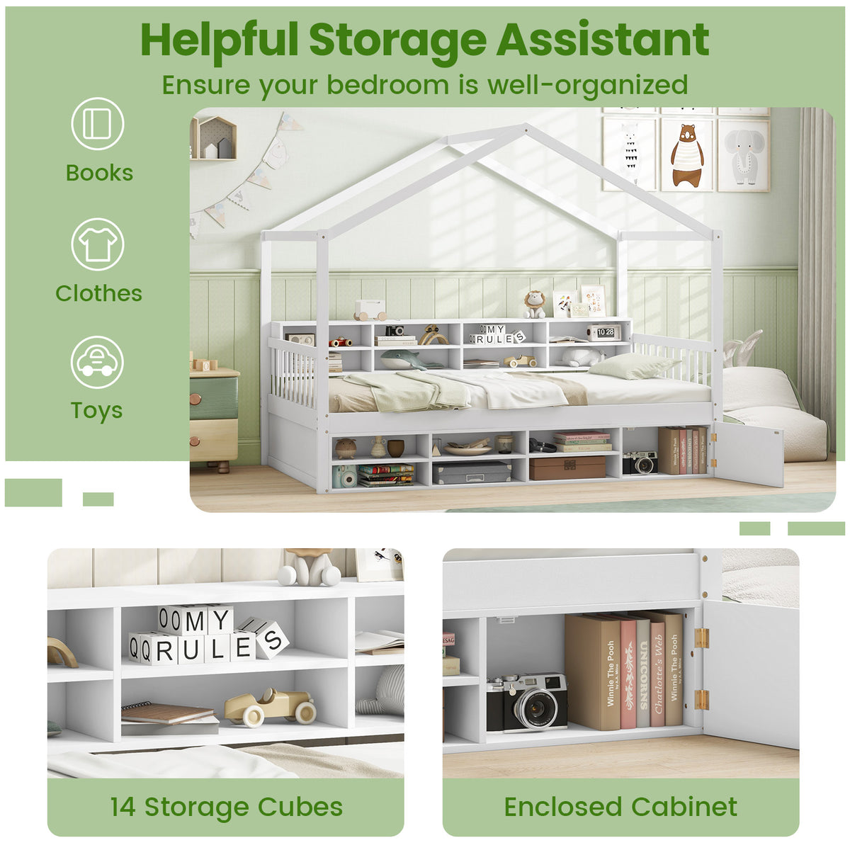 Twin Size House Bed With Roof, 14 Storage Cubes, Enclosed Cabinet, White Trundle Bed Frame at Gallery Canada