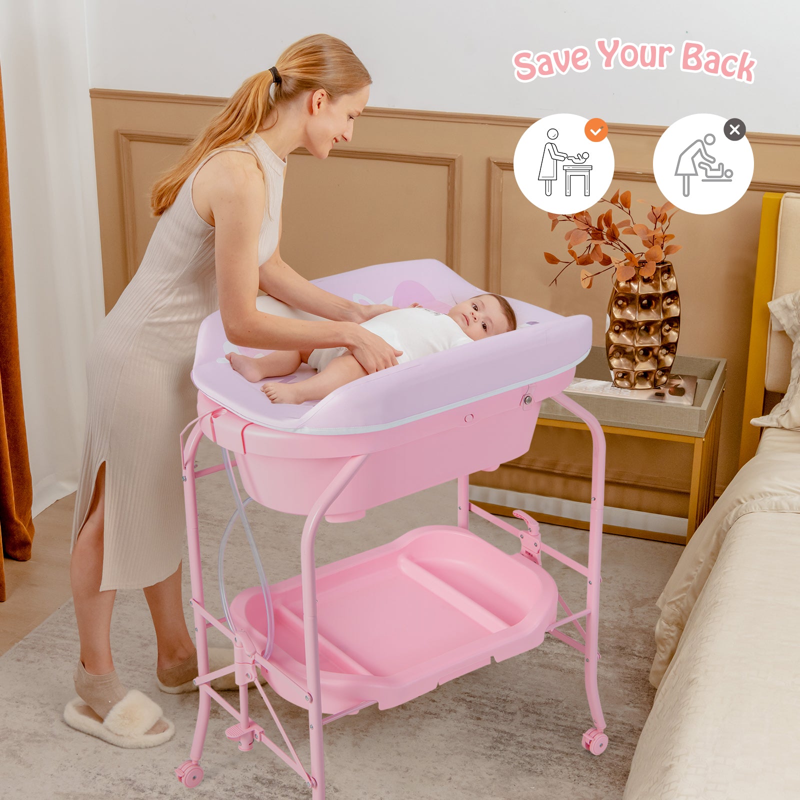 Folding Baby Changing Table With Bathtub, 4 Wheels, Pink Changing Tables at Gallery Canada