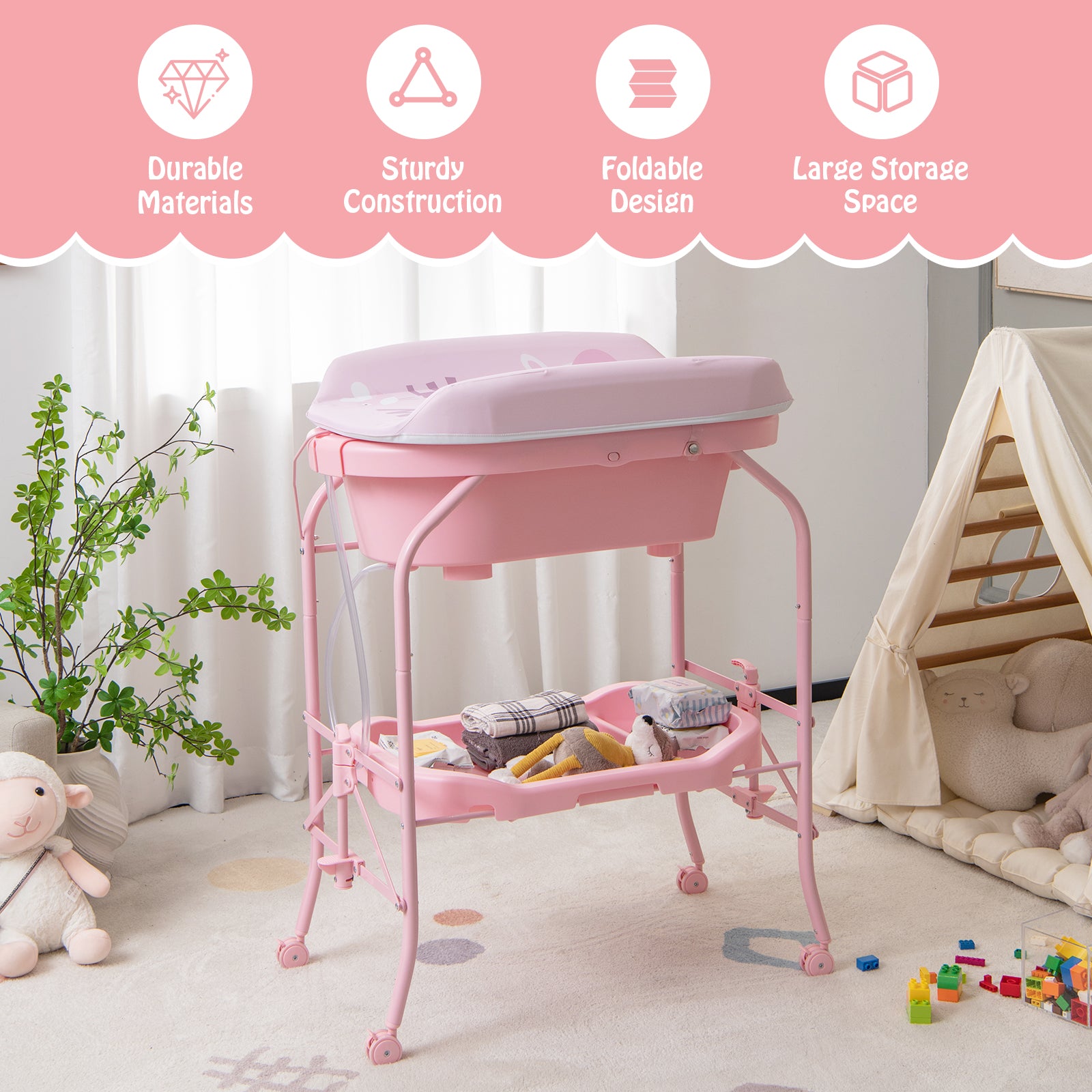 Folding Baby Changing Table With Bathtub, 4 Wheels, Pink Changing Tables at Gallery Canada