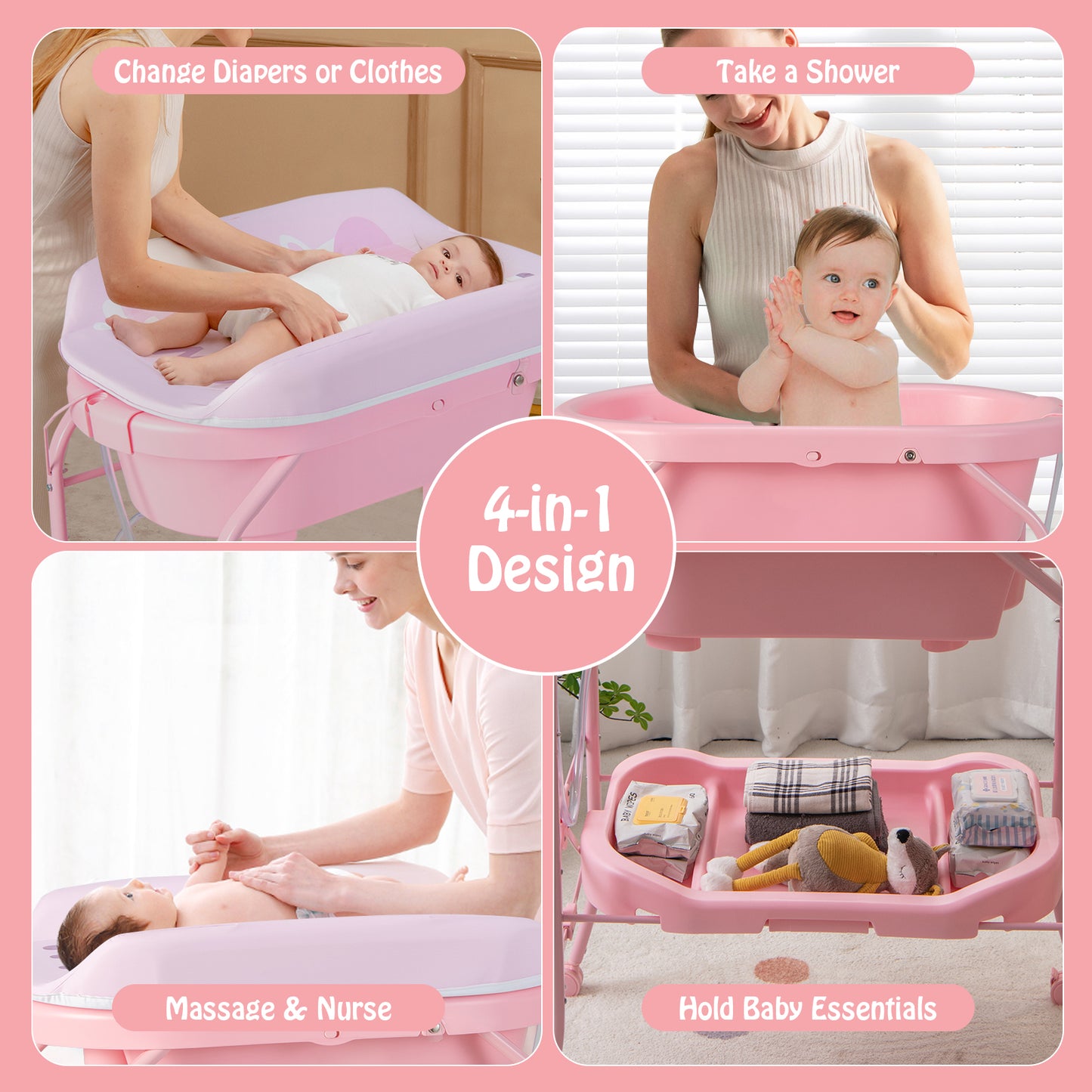 Folding Baby Changing Table With Bathtub, 4 Wheels, Pink Changing Tables at Gallery Canada