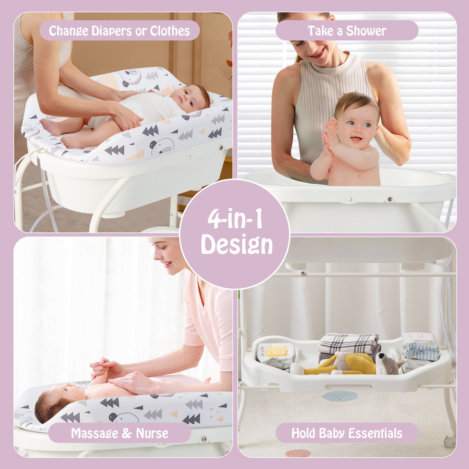 Folding Baby Changing Table With Bathtub, 4 Wheels, White Changing Tables at Gallery Canada