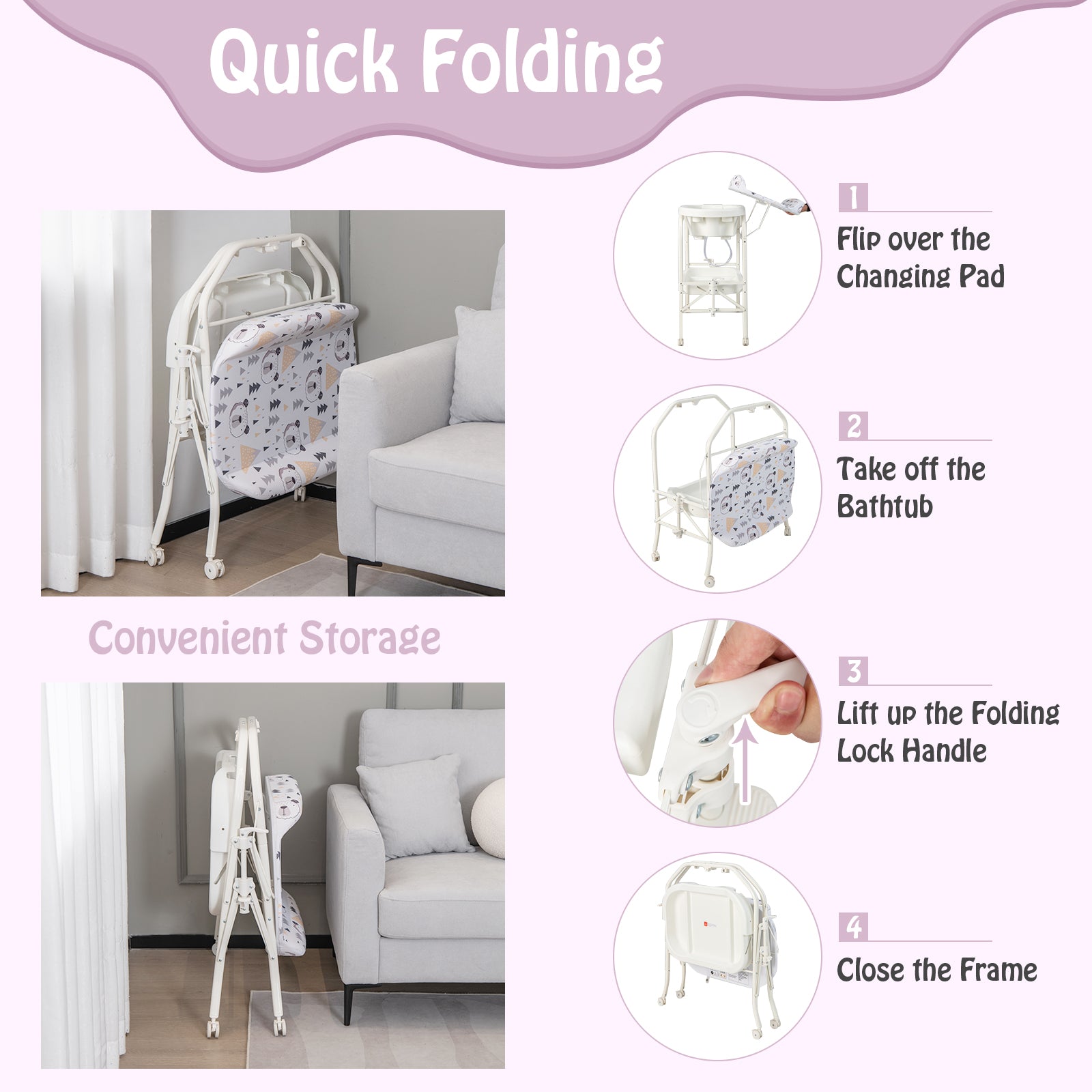 Folding Baby Changing Table With Bathtub, 4 Wheels, White Changing Tables at Gallery Canada