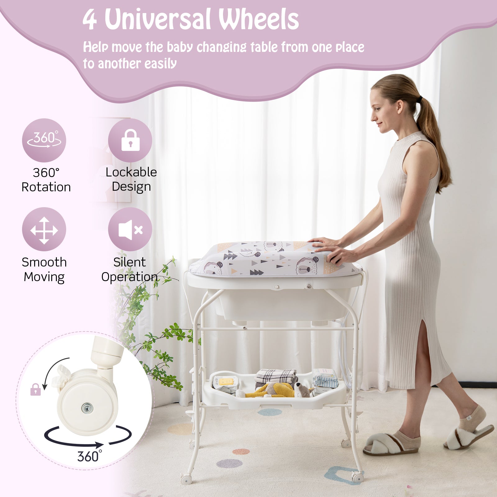 Folding Baby Changing Table With Bathtub, 4 Wheels, White Changing Tables at Gallery Canada