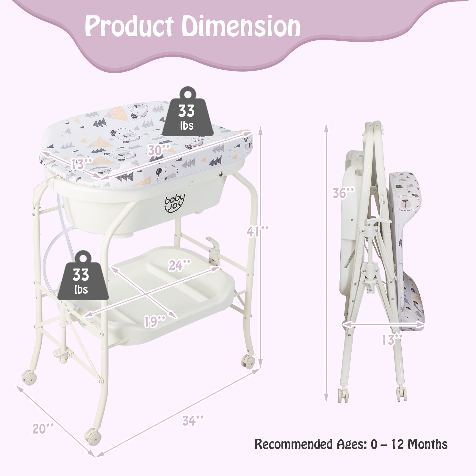 Folding Baby Changing Table With Bathtub, 4 Wheels, White Changing Tables at Gallery Canada