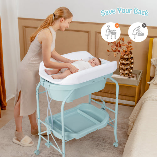 Folding Baby Changing Table With Bathtub, 4 Wheels, Blue