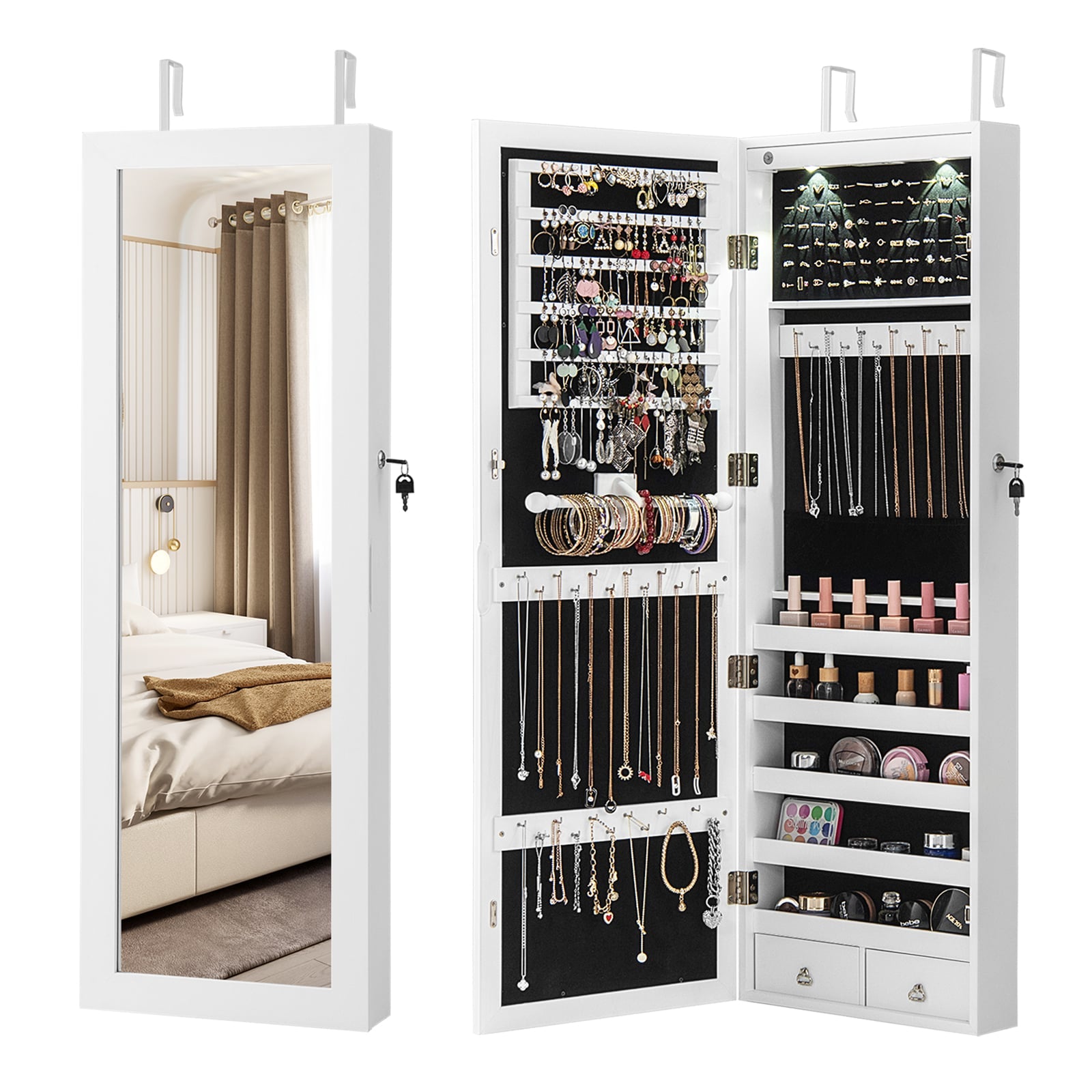Wall Mount Mirrored Jewelry Cabinet, LED Lights, White Jewelry Armoires at Gallery Canada