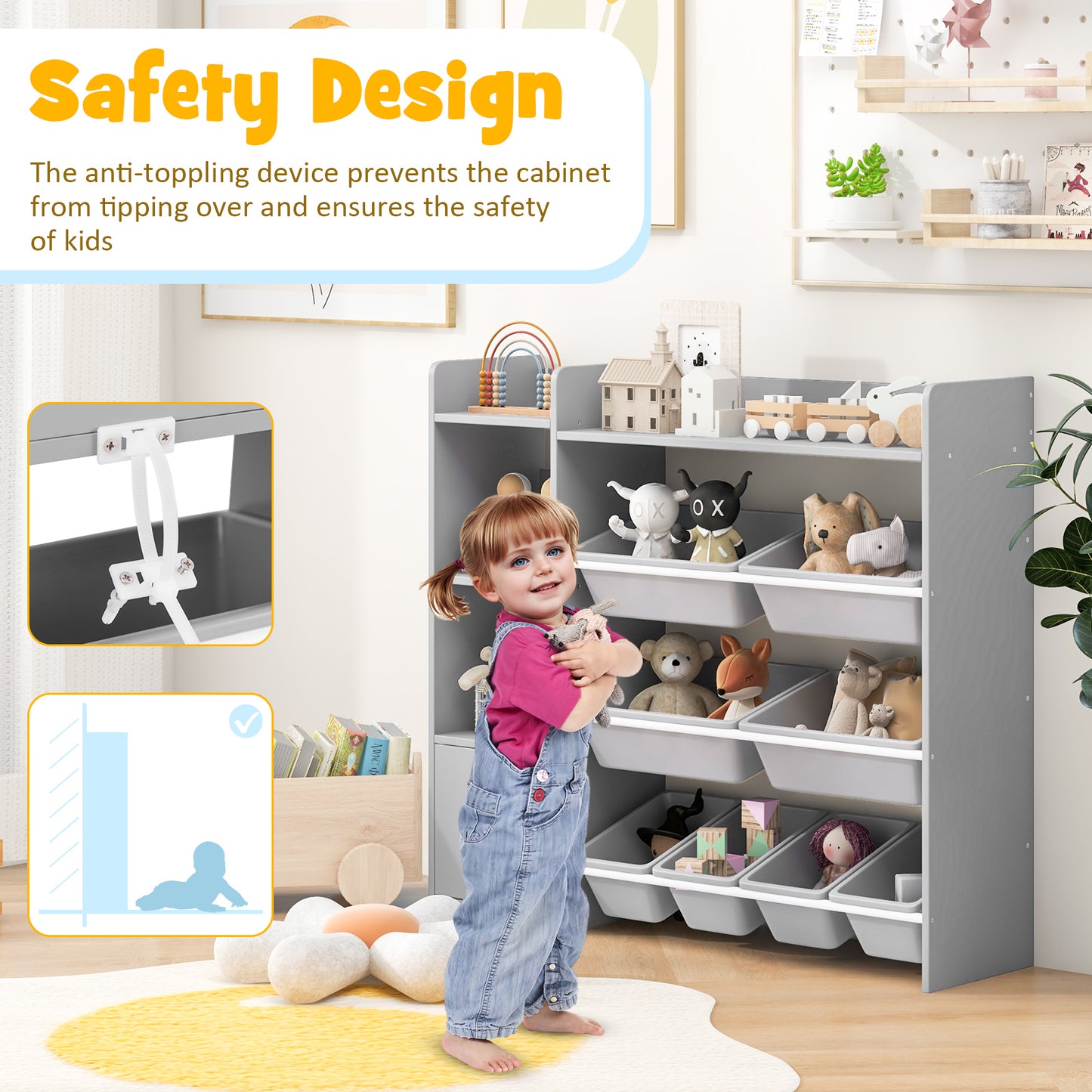 4-Tier Kids Bookshelf, Toy Storage Rack With 8 Organizer Bins, Gray Kids Storage at Gallery Canada