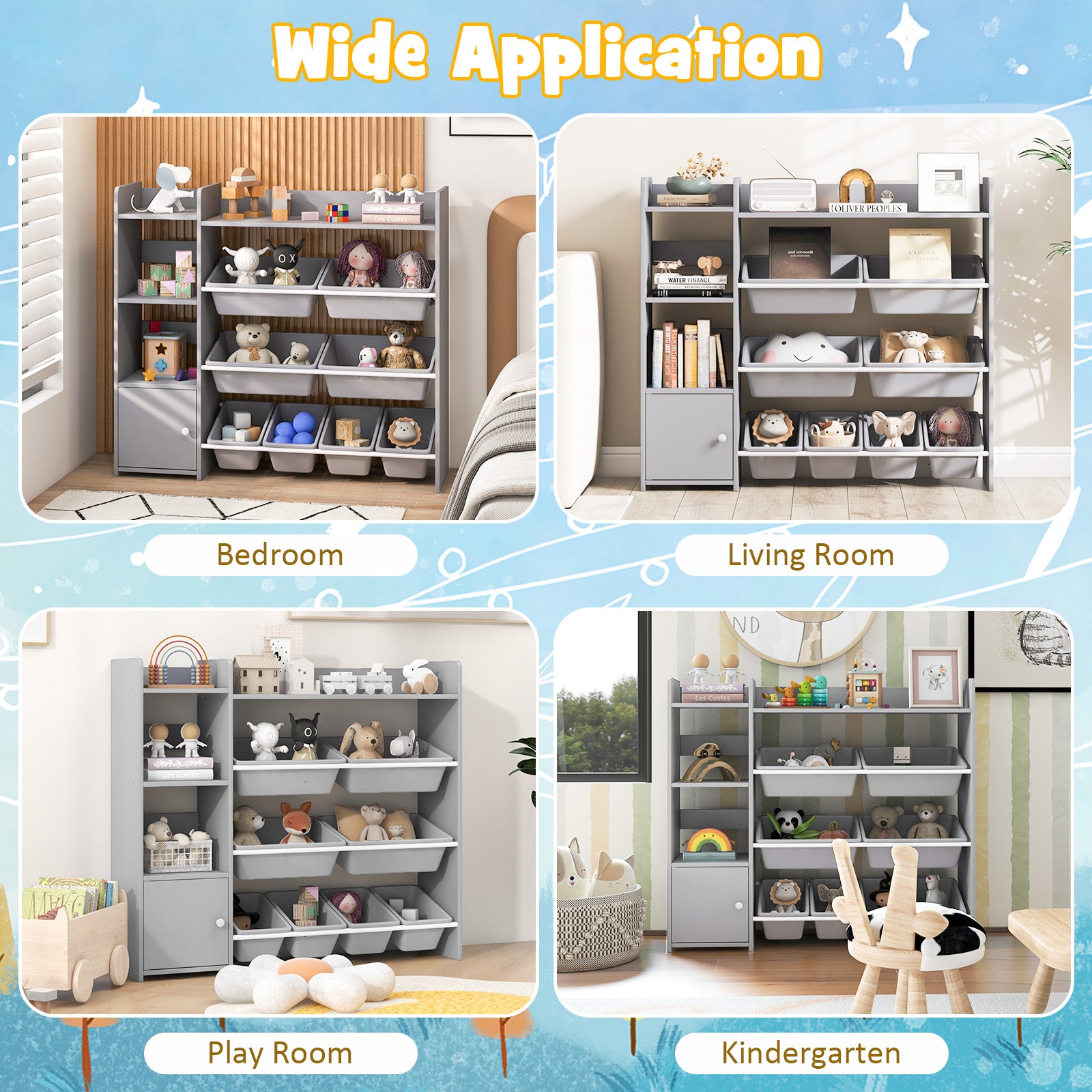 4-Tier Kids Bookshelf, Toy Storage Rack With 8 Organizer Bins, Gray Kids Storage at Gallery Canada