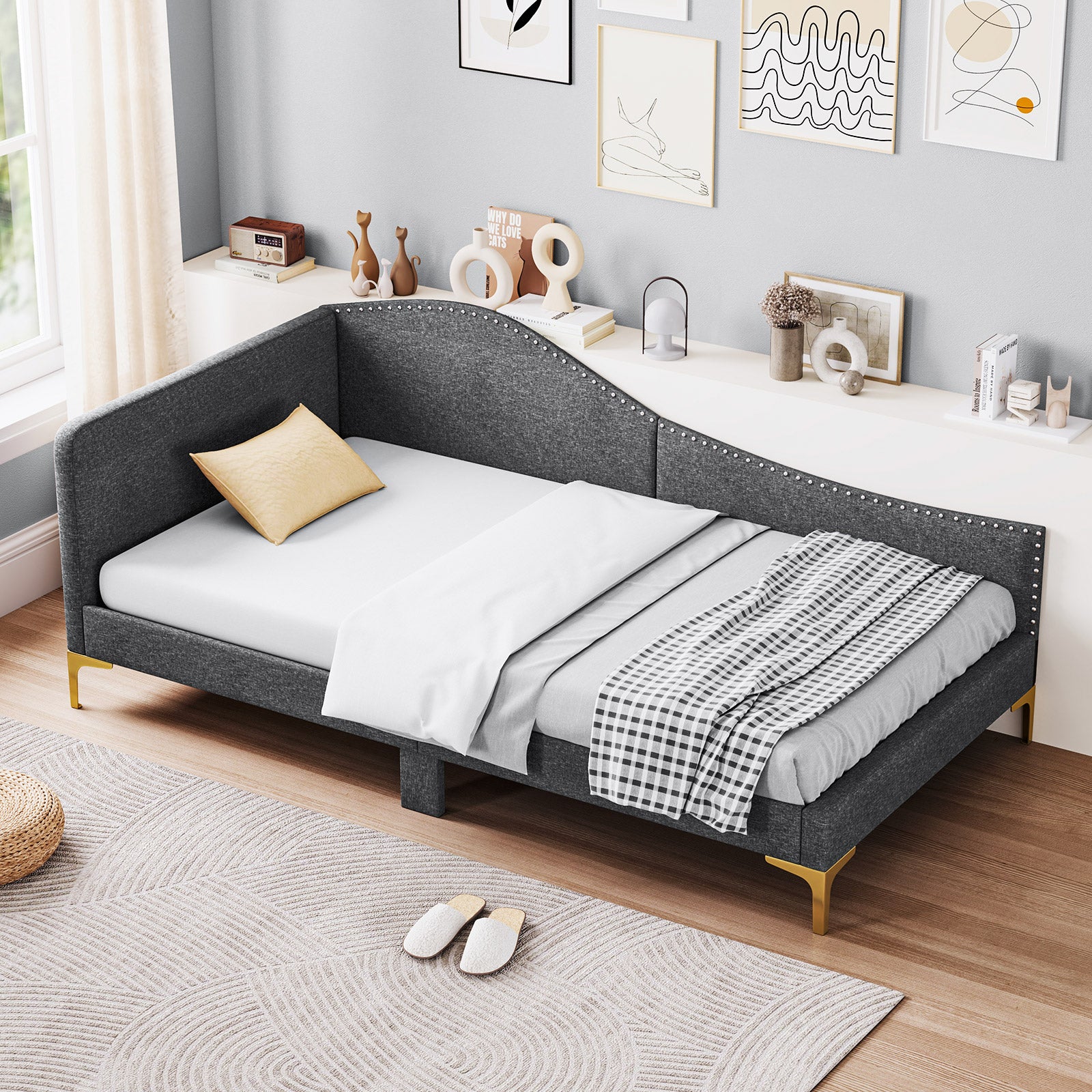 Twin Size Rivet-Tufted Platform Bed, Metal Legs, Wood Slats, Gray Simple Bed Frame at Gallery Canada