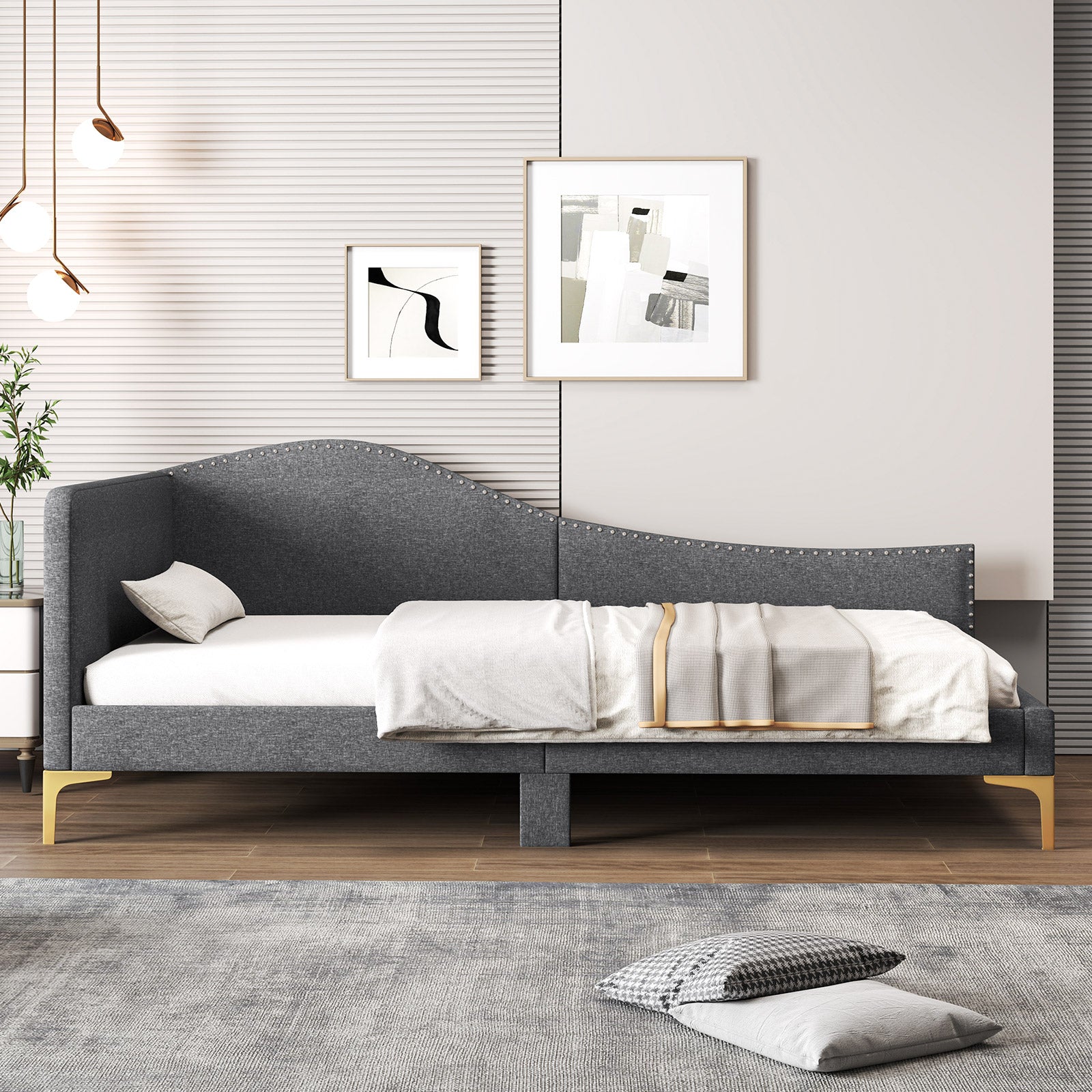 Twin Size Rivet-Tufted Platform Bed, Metal Legs, Wood Slats, Gray Simple Bed Frame at Gallery Canada