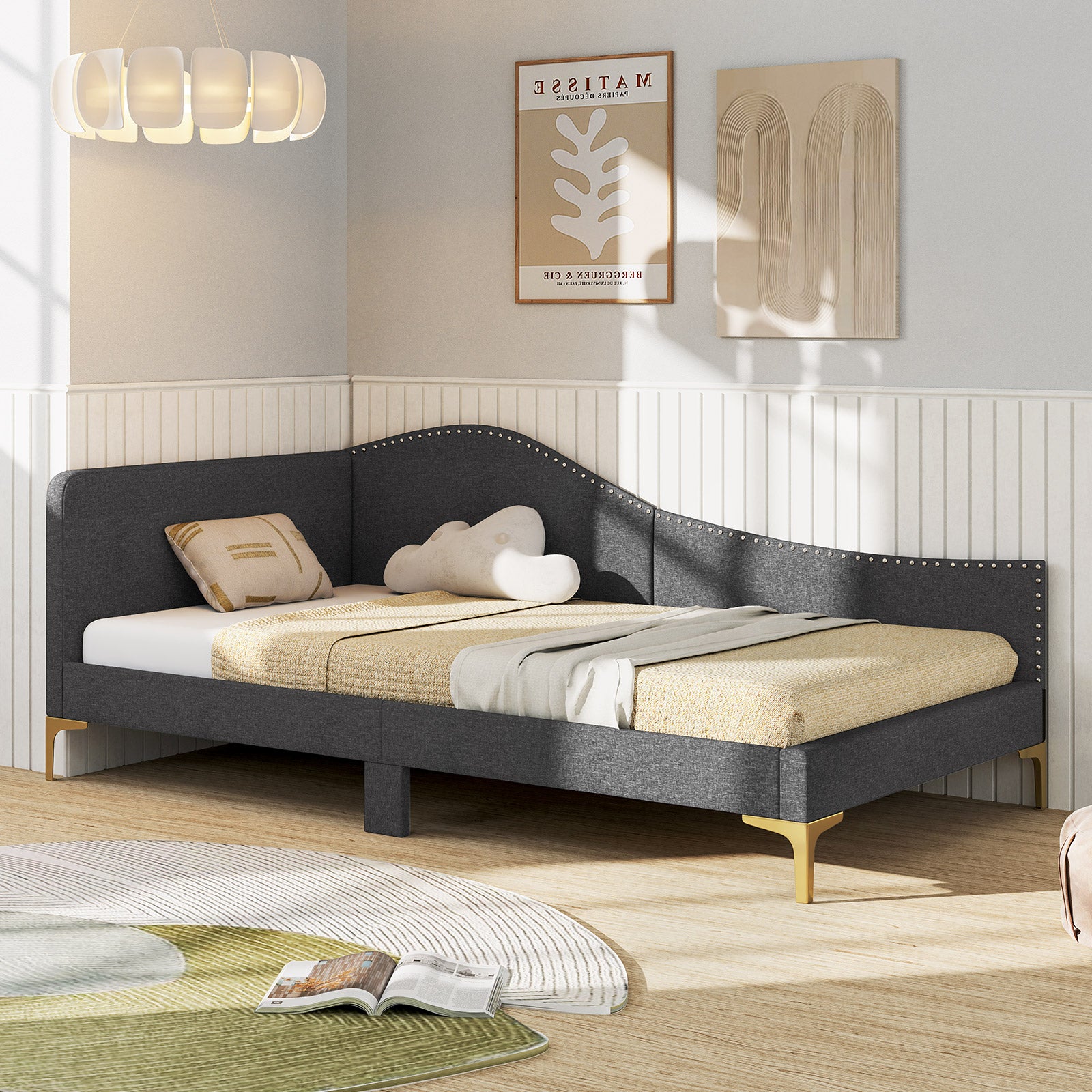 Twin Size Rivet-Tufted Platform Bed, Metal Legs, Wood Slats, Gray Simple Bed Frame at Gallery Canada