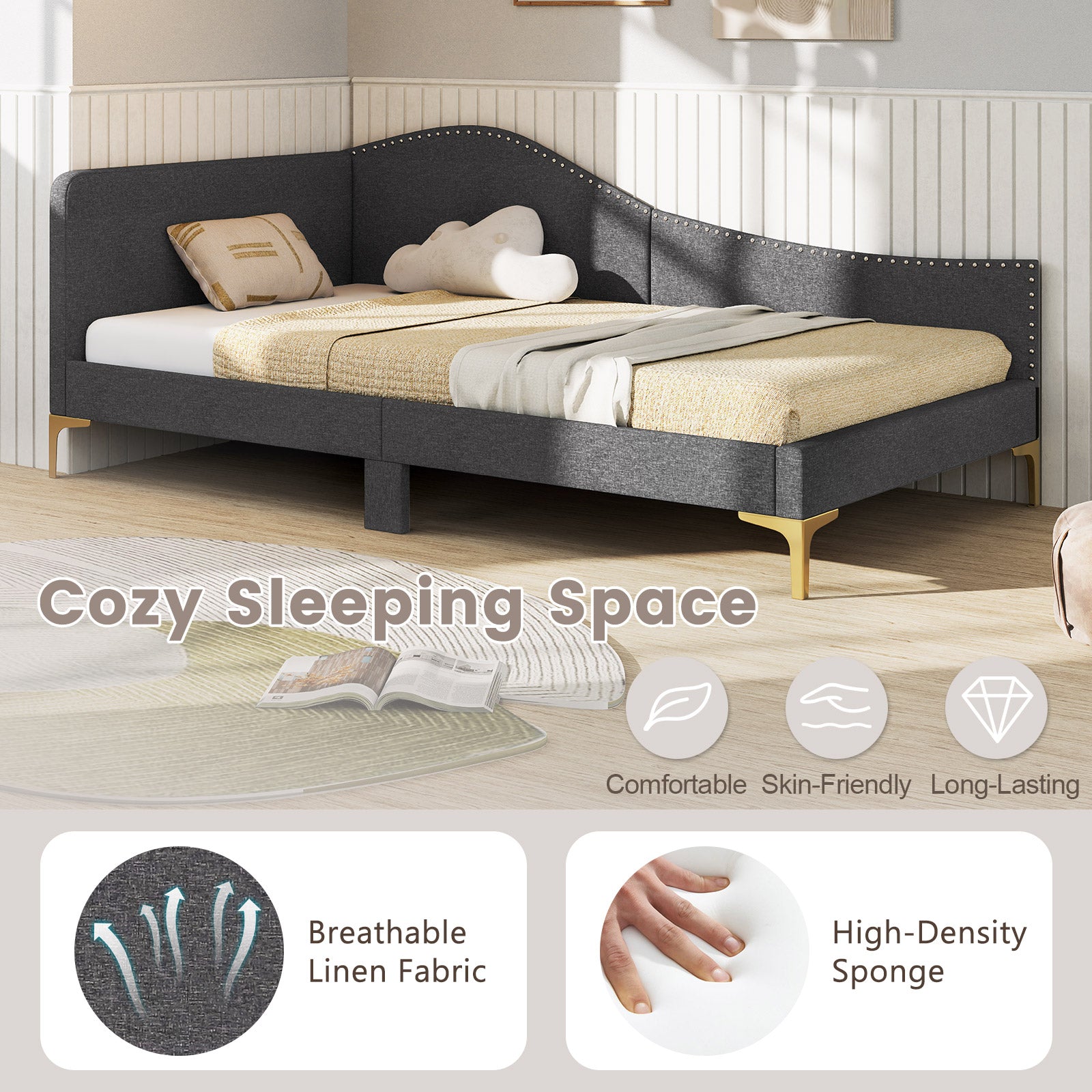 Twin Size Rivet-Tufted Platform Bed, Metal Legs, Wood Slats, Gray Simple Bed Frame at Gallery Canada
