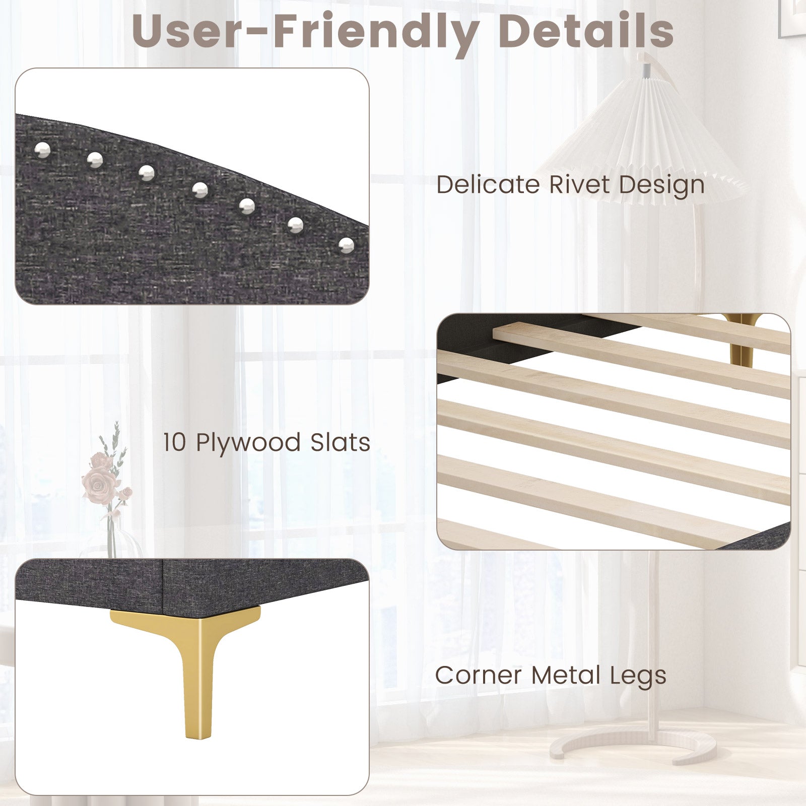 Twin Size Rivet-Tufted Platform Bed, Metal Legs, Wood Slats, Gray Simple Bed Frame at Gallery Canada