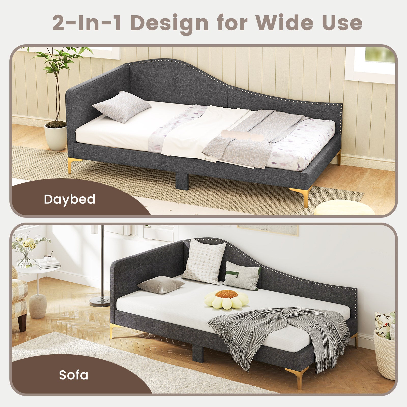 Twin Size Rivet-Tufted Platform Bed, Metal Legs, Wood Slats, Gray Simple Bed Frame at Gallery Canada